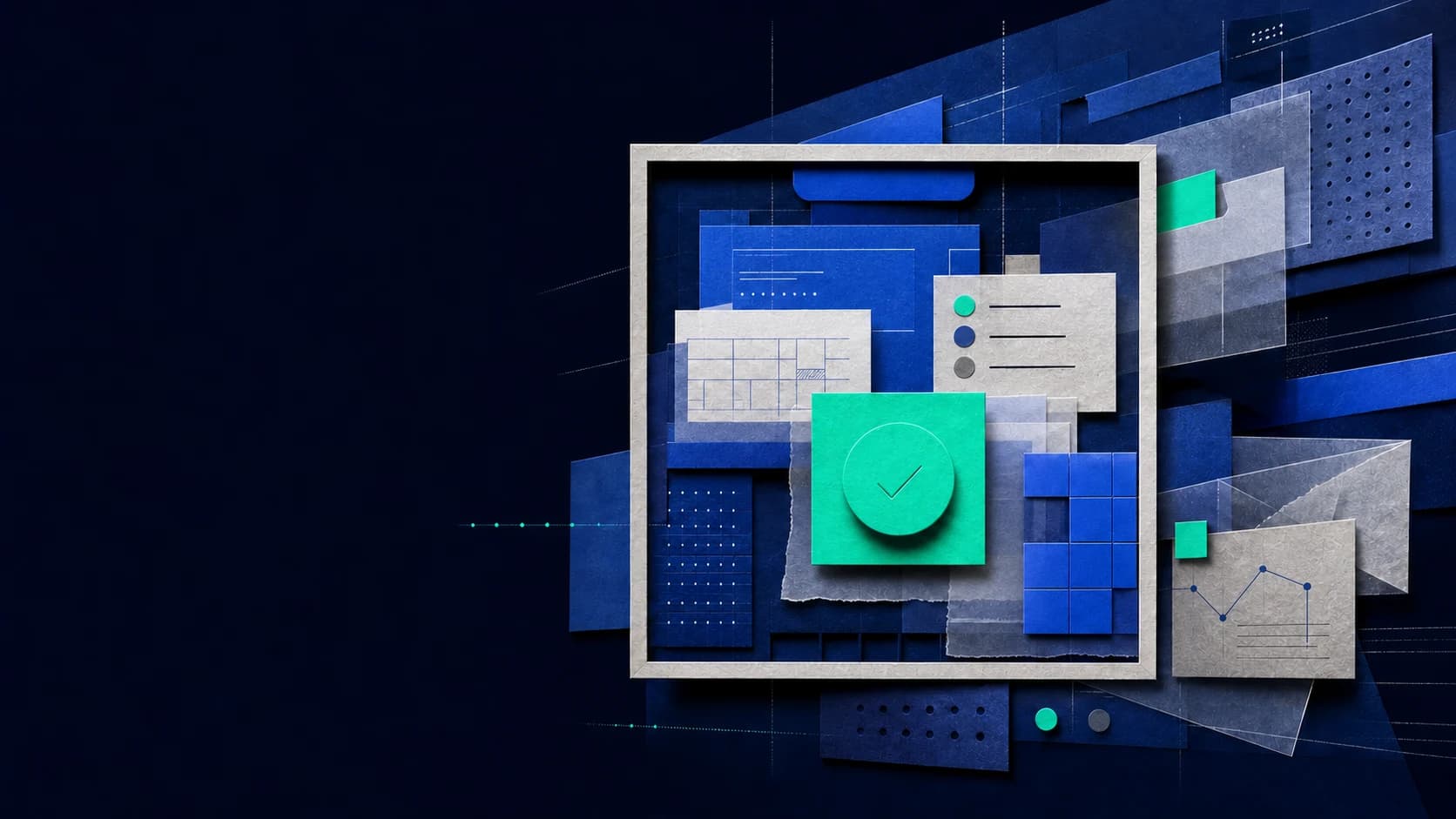 A stable white frame contains composed blue interface modules and a teal approval control.