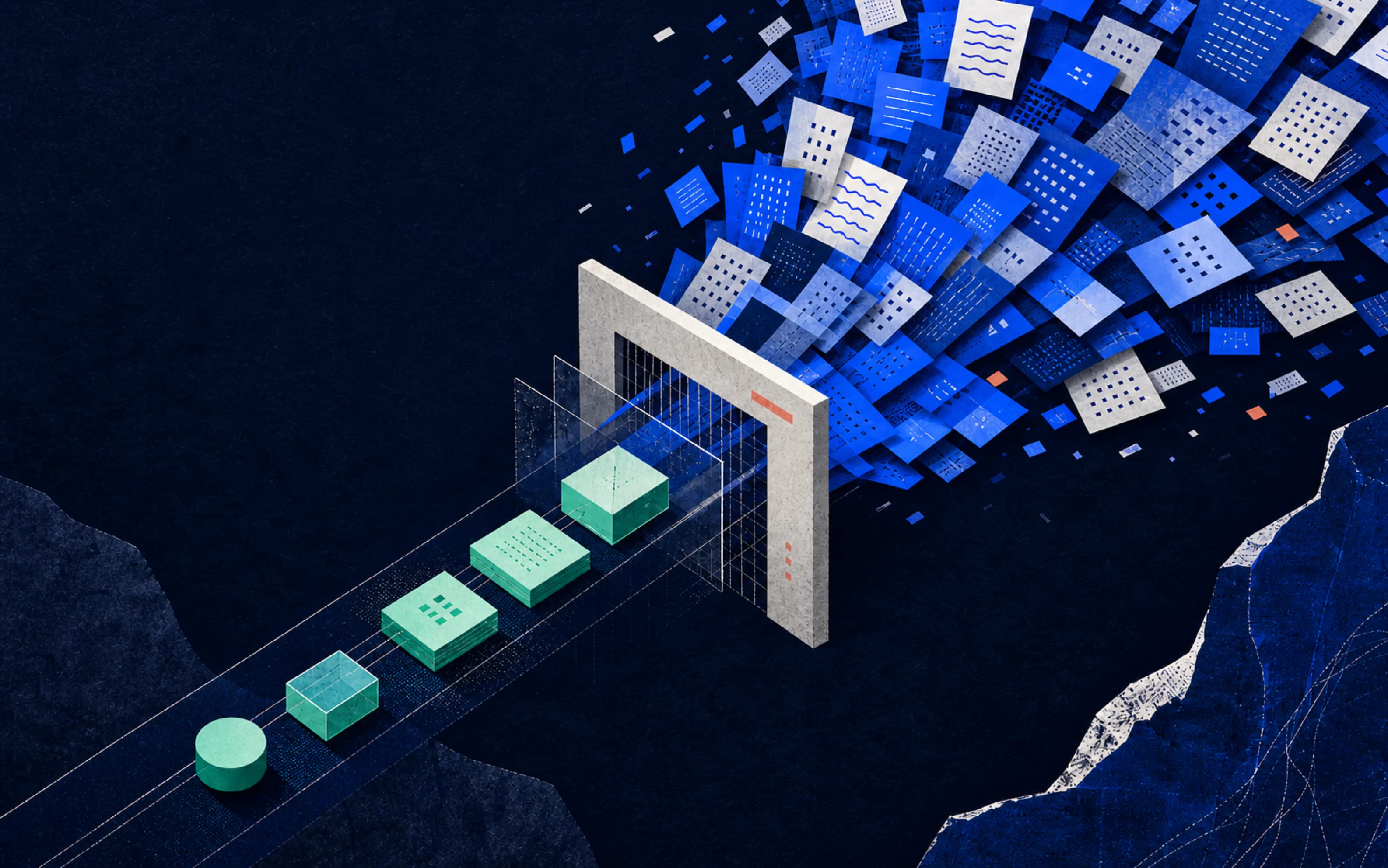 A stream of blue work units narrows through a production review gate.